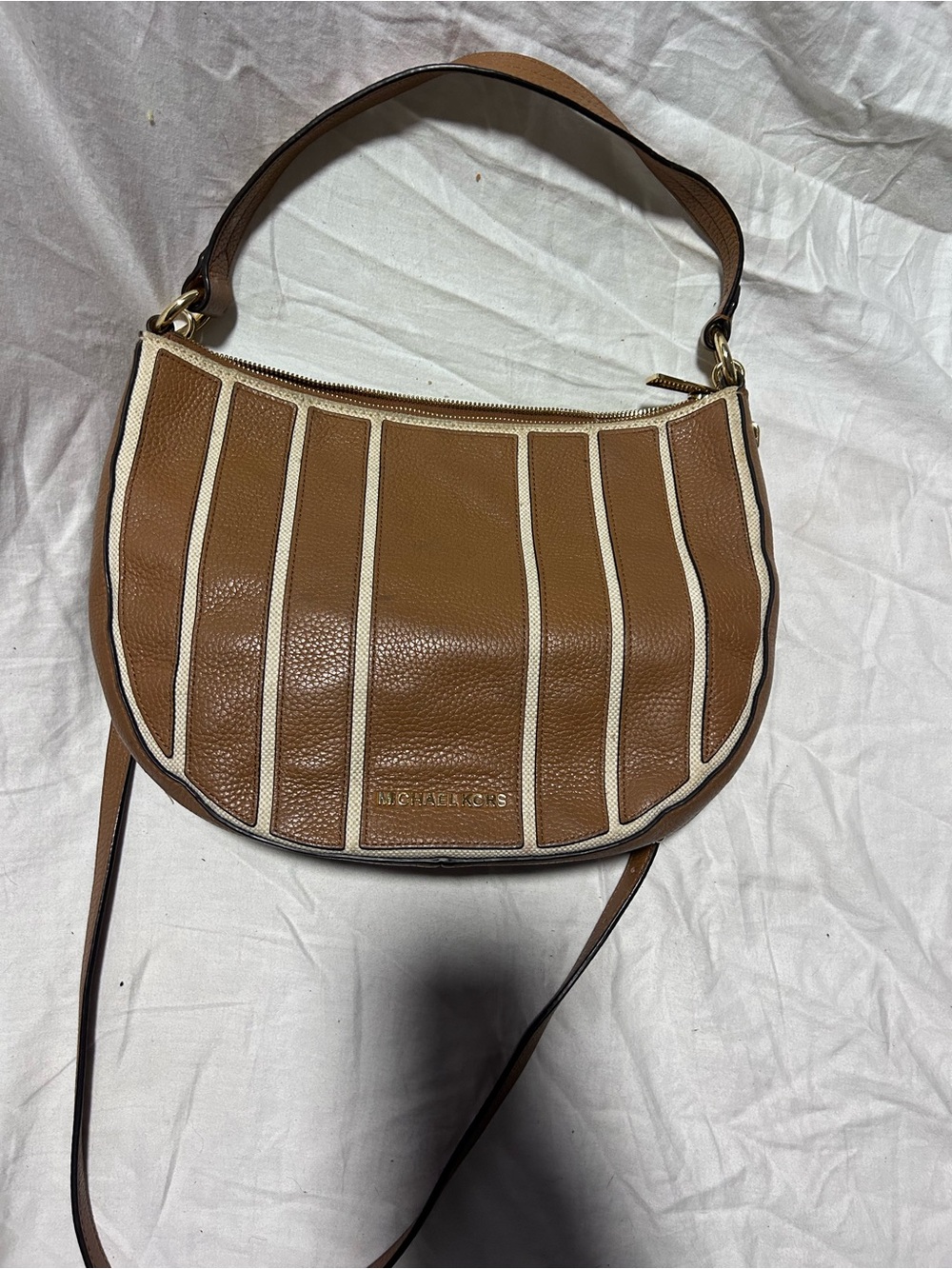 Michael Kors Brown Leather Shoulder Bag with Cream Piping